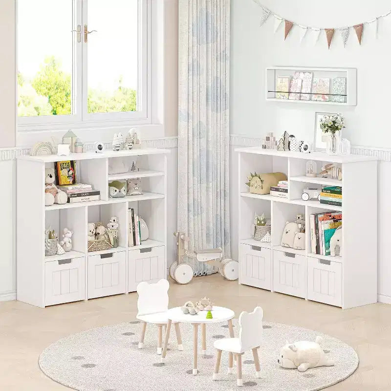 Mobile contenitore bianco a 6 scomparti per bambini con 3 cassetti e ruote