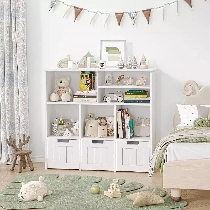 Mobile contenitore bianco a 6 scomparti per bambini con 3 cassetti e ruote