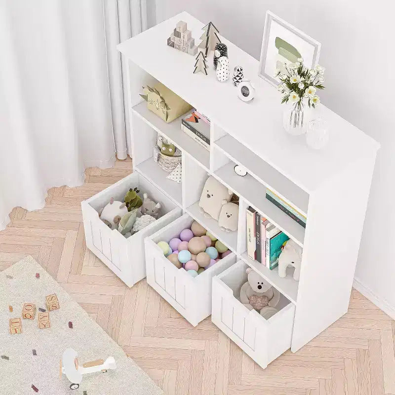 Mobile contenitore bianco a 6 scomparti per bambini con 3 cassetti e ruote