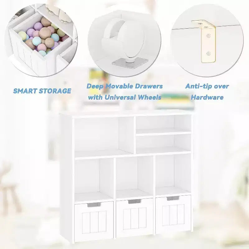 Mobile contenitore bianco a 6 scomparti per bambini con 3 cassetti e ruote