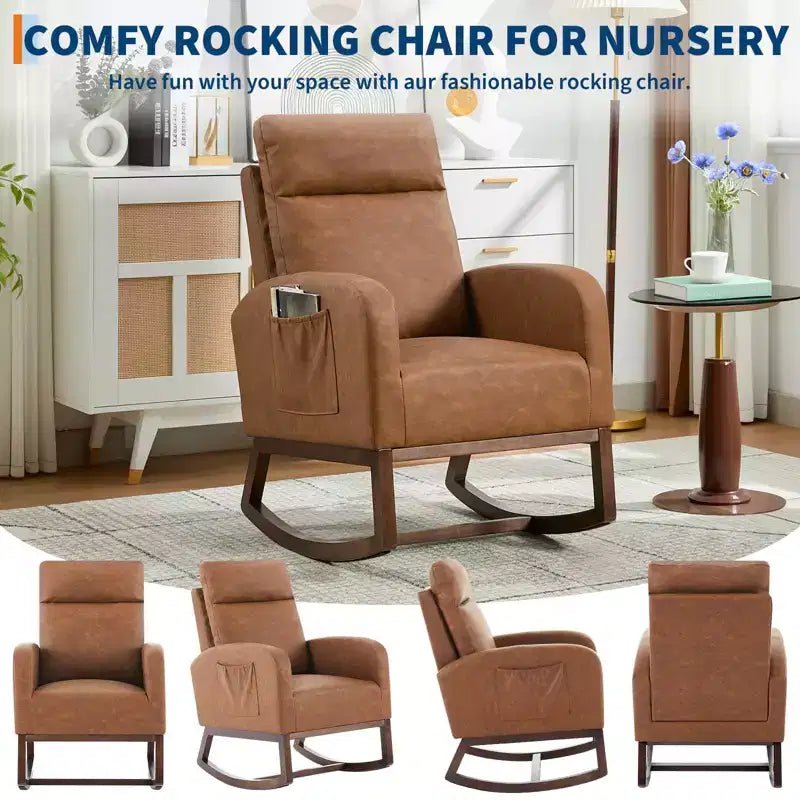Poltrona a dondolo Wingback beige/marrone/grigia con tasche laterali, 1 posto