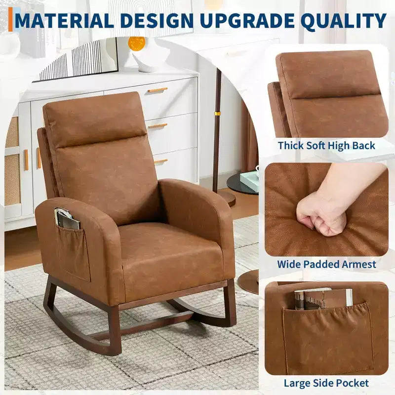 Poltrona a dondolo Wingback beige/marrone/grigia con tasche laterali, 1 posto