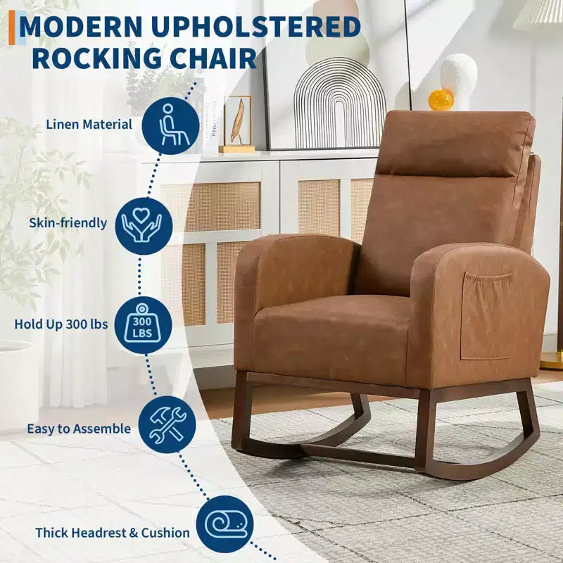 Poltrona a dondolo Wingback beige/marrone/grigia con tasche laterali, 1 posto