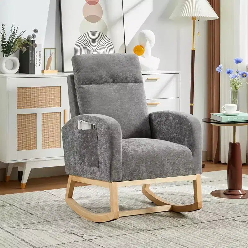 Poltrona a dondolo Wingback beige/marrone/grigia con tasche laterali, 1 posto