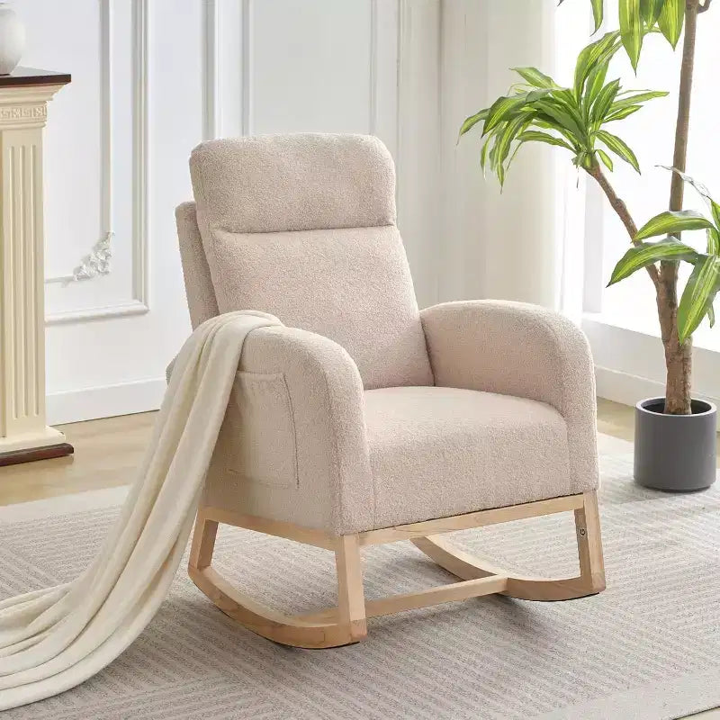 Poltrona a dondolo Wingback beige/marrone/grigia con tasche laterali, 1 posto