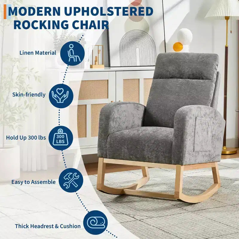 Poltrona a dondolo Wingback beige/marrone/grigia con tasche laterali, 1 posto