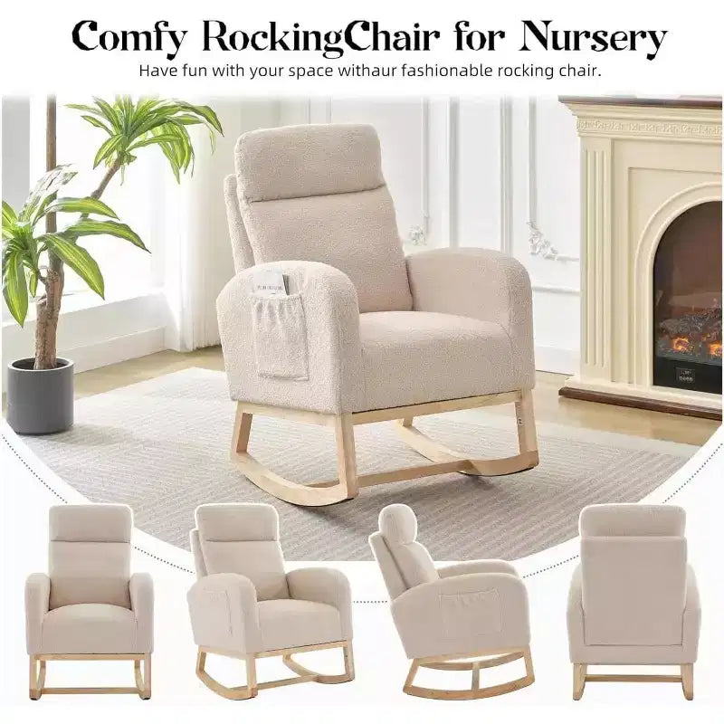 Poltrona a dondolo Wingback beige/marrone/grigia con tasche laterali, 1 posto
