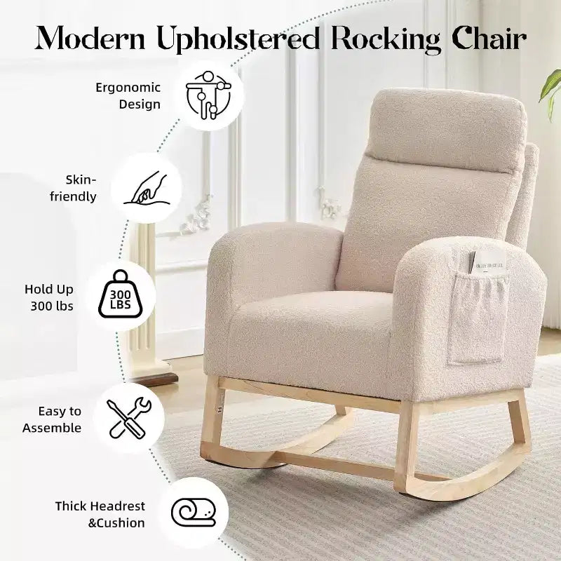 Poltrona a dondolo Wingback beige/marrone/grigia con tasche laterali, 1 posto