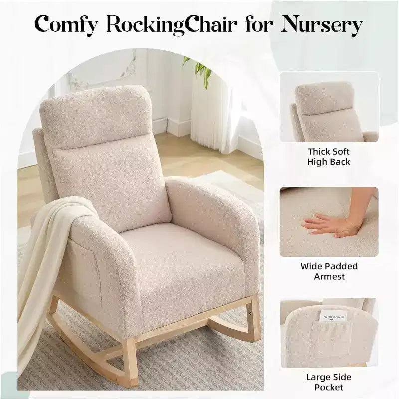 Poltrona a dondolo Wingback beige/marrone/grigia con tasche laterali, 1 posto