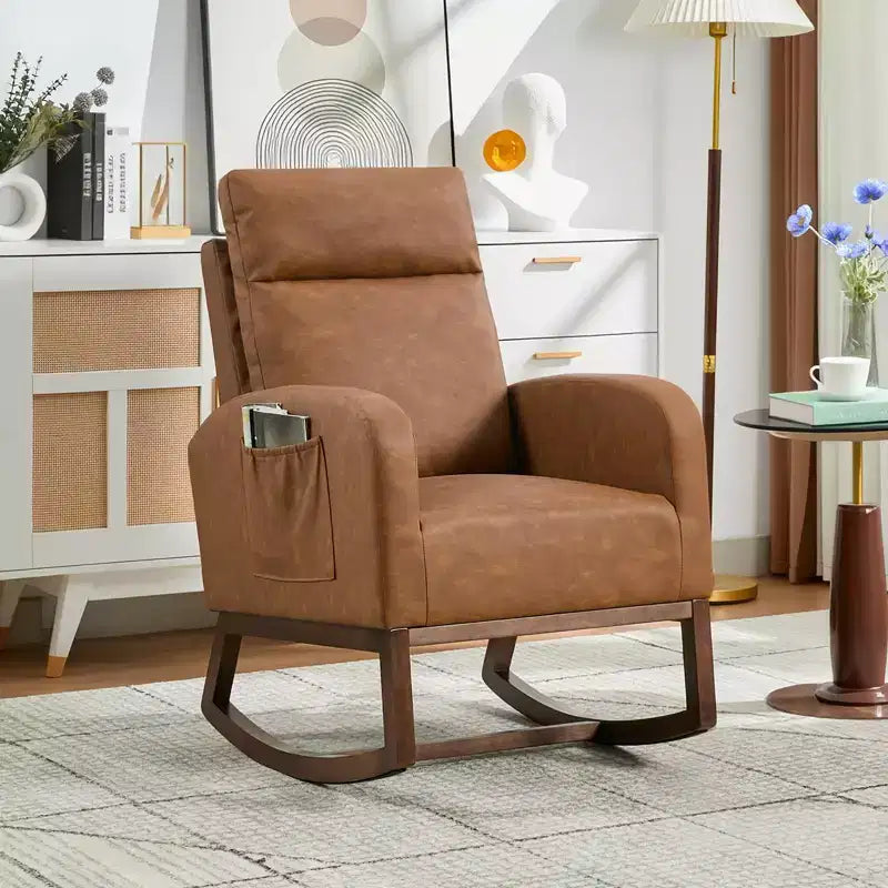 Poltrona a dondolo Wingback beige/marrone/grigia con tasche laterali, 1 posto