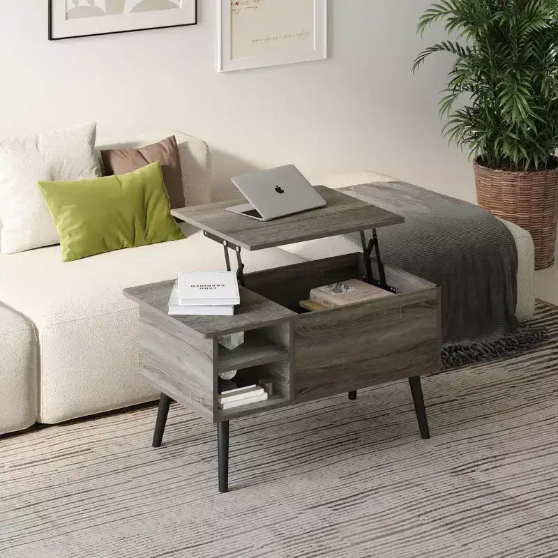 Tavolino da caffè con ripiano superiore a sollevamento, contenitore nascosto e ripiano laterale, per 1 persona, nero/marrone/grigio