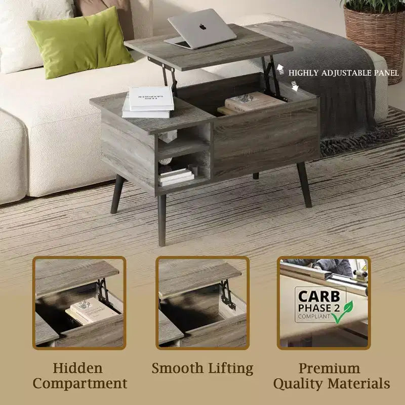 Tavolino da caffè con ripiano superiore a sollevamento, contenitore nascosto e ripiano laterale, per 1 persona, nero/marrone/grigio