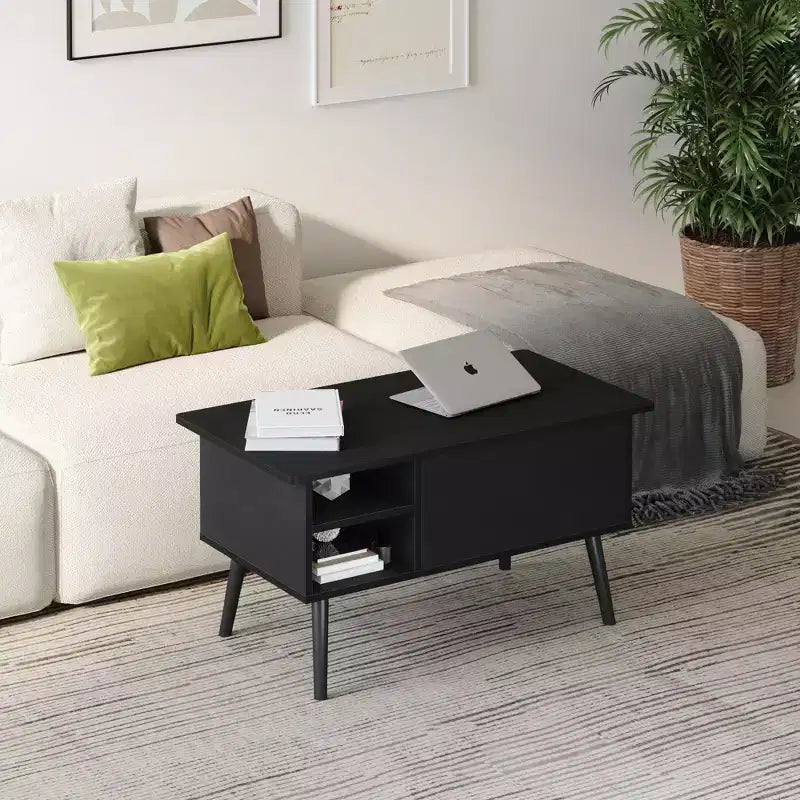 Tavolino da caffè con ripiano superiore a sollevamento, contenitore nascosto e ripiano laterale, per 1 persona, nero/marrone/grigio