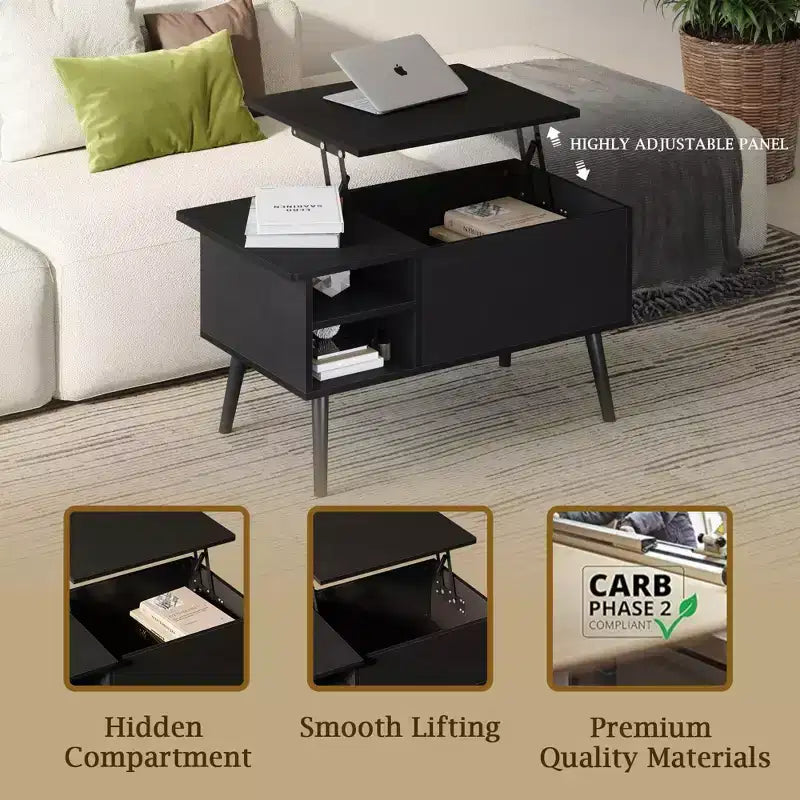 Tavolino da caffè con ripiano superiore a sollevamento, contenitore nascosto e ripiano laterale, per 1 persona, nero/marrone/grigio