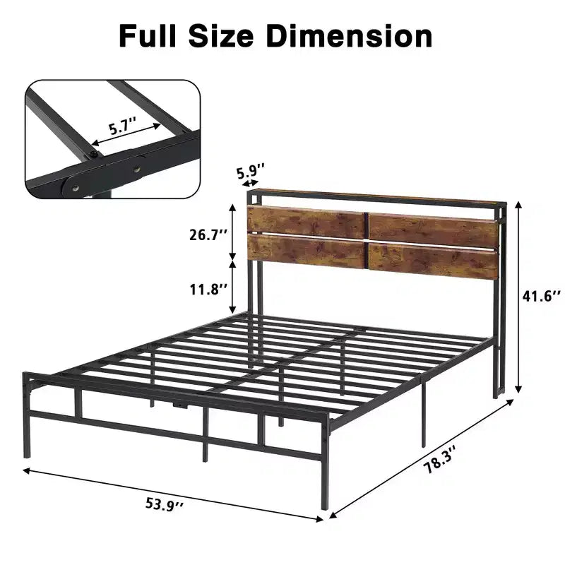 Telaio per letto a piattaforma vintage in metallo marrone e nero con testiera in legno, Full/Queen, per 1