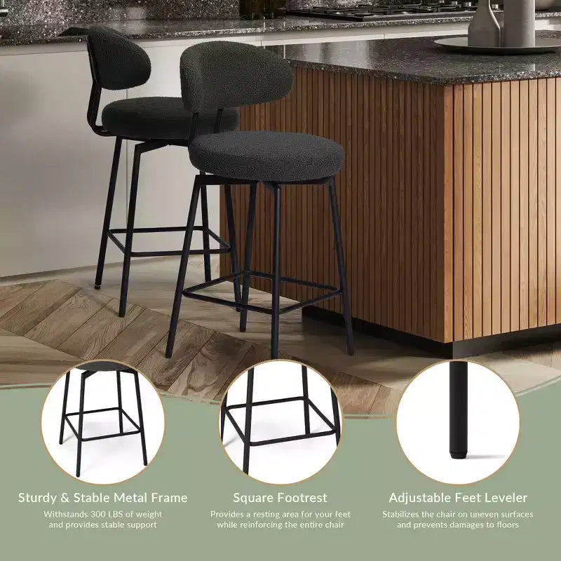 Sgabelli da bar con schienale imbottiti in finta pelliccia, set da 2 – Nero / Cammello / Grigio / Crema / Verde / Blu navy / Oro