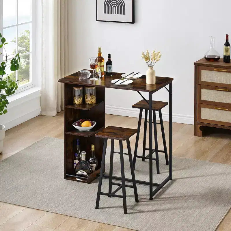 Set tavolo da bar e 2 sgabelli in metallo, 3 pezzi, Nero / Marrone Rustico, con ripiani portaoggetti a 3 livelli, 2 posti