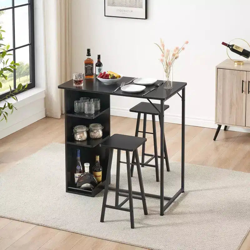 Set tavolo da bar e 2 sgabelli in metallo, 3 pezzi, Nero / Marrone Rustico, con ripiani portaoggetti a 3 livelli, 2 posti