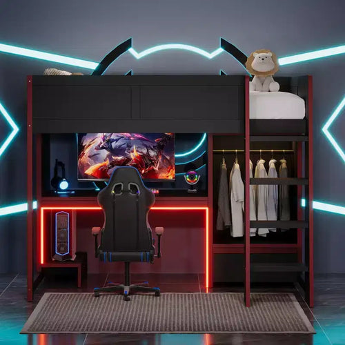 Letto a soppalco da gaming nero con scrivania, LED e cassetti – Singolo/Una piazza e mezza, 1 persona