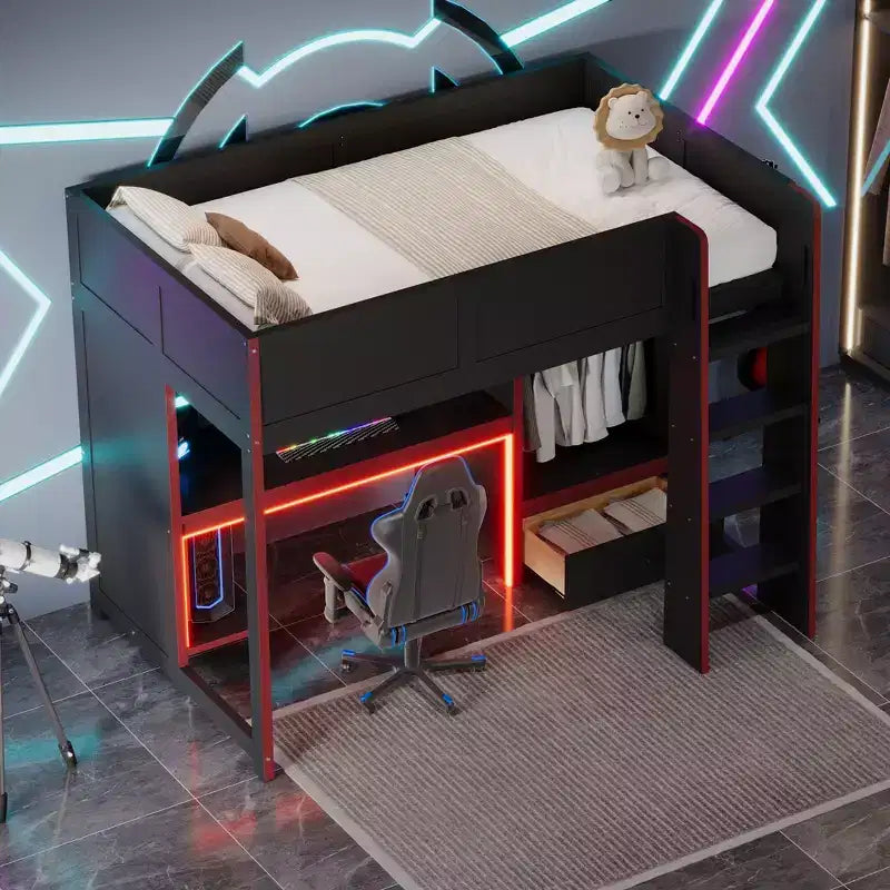 Letto a soppalco da gaming nero con scrivania, LED e cassetti – Singolo/Una piazza e mezza, 1 persona