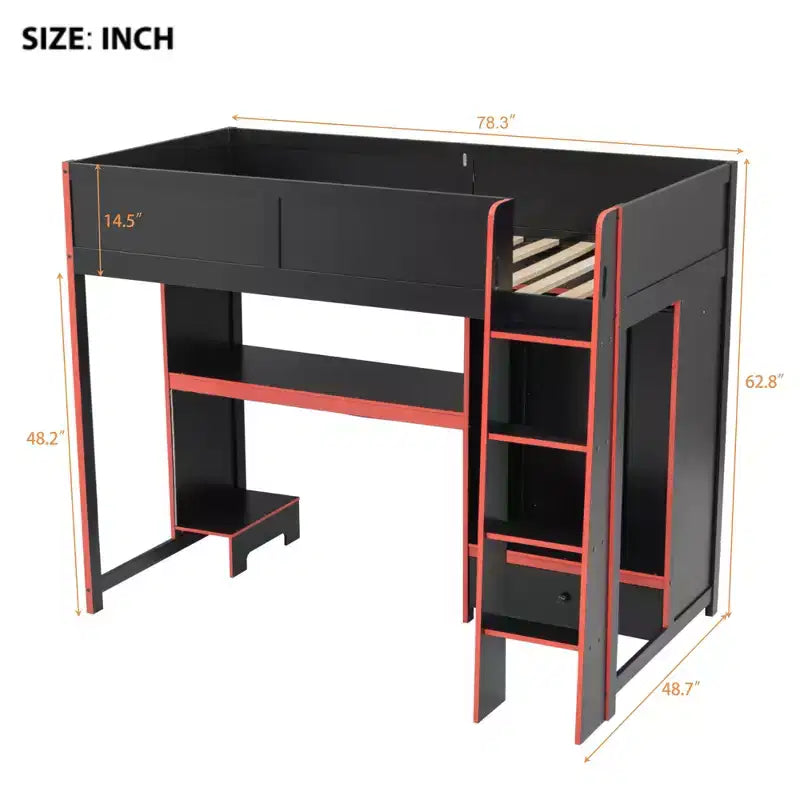 Letto a soppalco da gaming nero con scrivania, LED e cassetti – Singolo/Una piazza e mezza, 1 persona