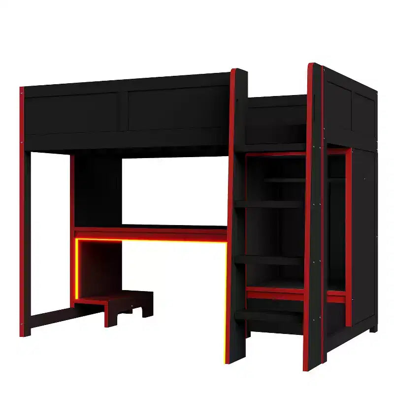 Letto a soppalco da gaming nero con scrivania, LED e cassetti – Singolo/Una piazza e mezza, 1 persona