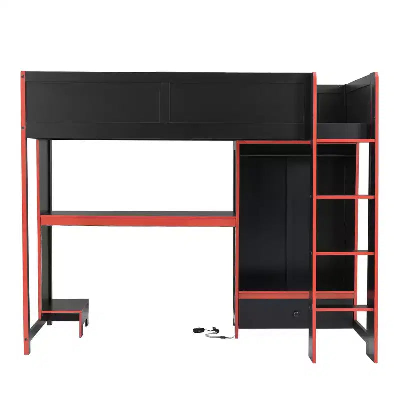 Letto a soppalco da gaming nero con scrivania, LED e cassetti – Singolo/Una piazza e mezza, 1 persona