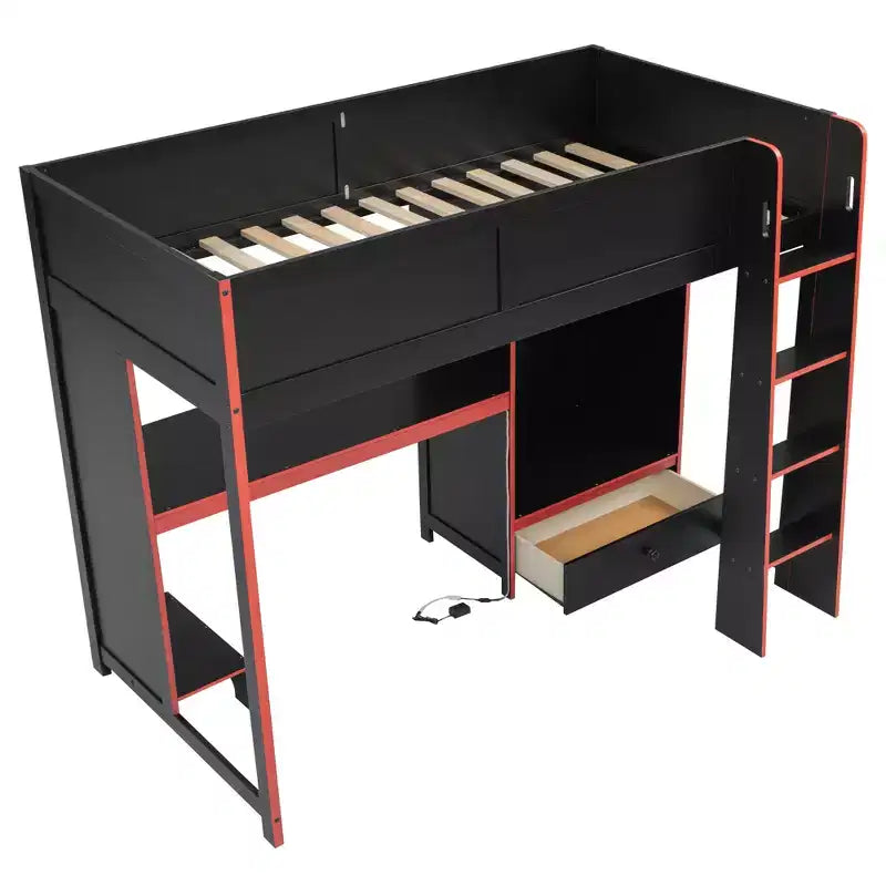 Letto a soppalco da gaming nero con scrivania, LED e cassetti – Singolo/Una piazza e mezza, 1 persona