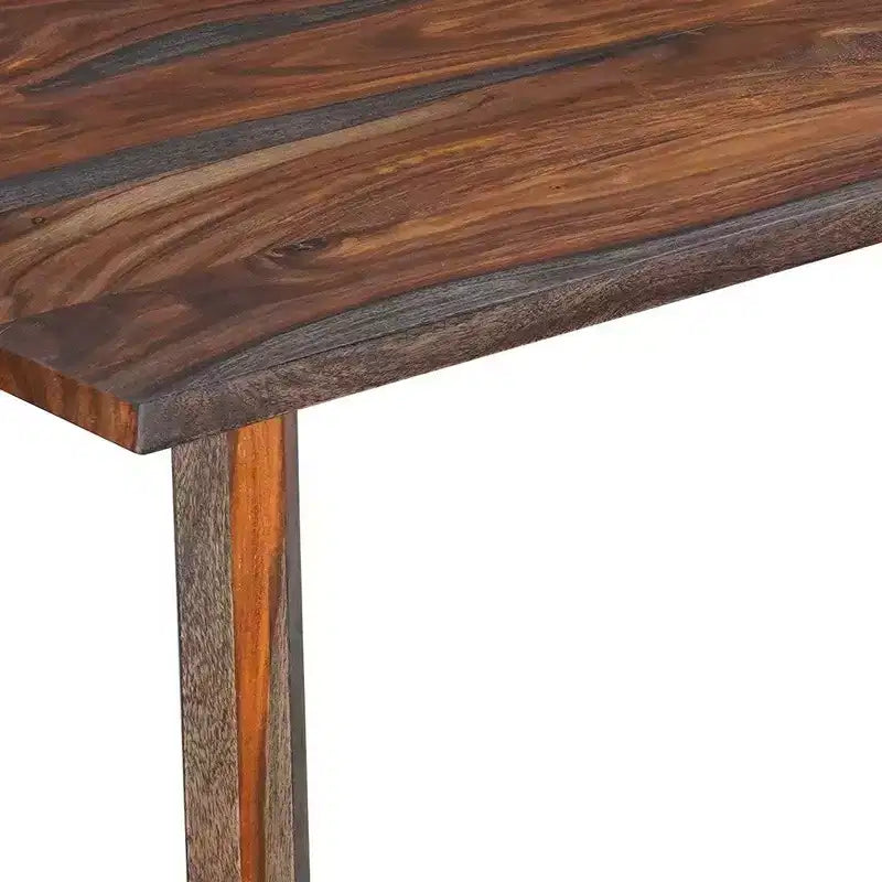 Tavolo da pranzo rettangolare in legno massello marrone con base in metallo nero, 6 posti a sedere