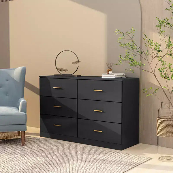 Comò a 9 cassetti in legno naturale con maniglie dorate, per 1 persona