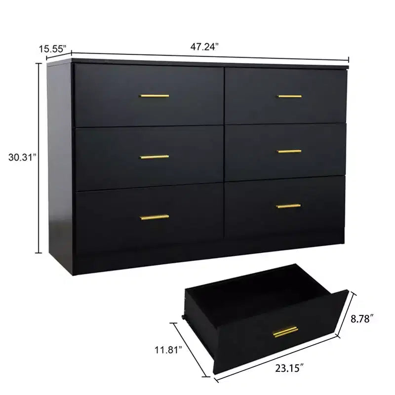 Comò a 9 cassetti in legno naturale con maniglie dorate, per 1 persona