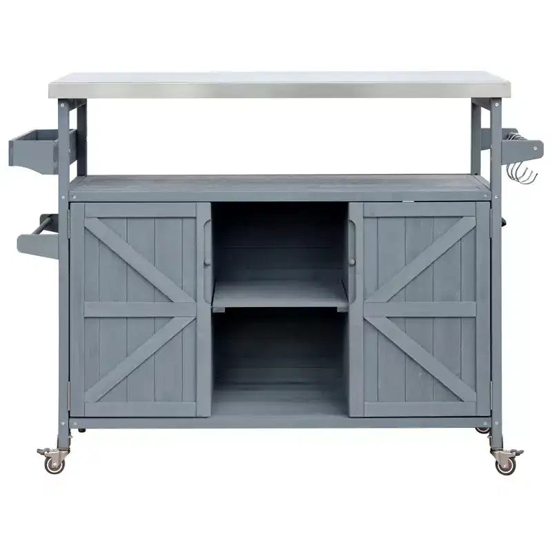Marrone scuro/Blu grigio/Naturale Carrello bar e tavolo grill su ruote in stile rustico, 1 persona