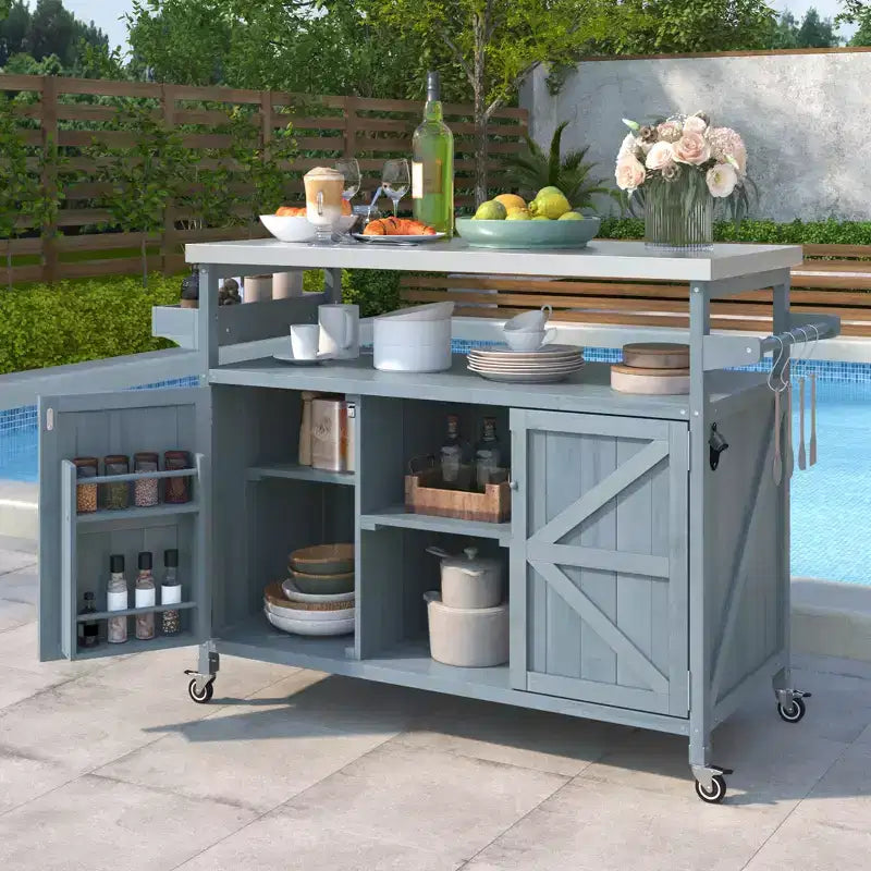 Marrone scuro/Blu grigio/Naturale Carrello bar e tavolo grill su ruote in stile rustico, 1 persona