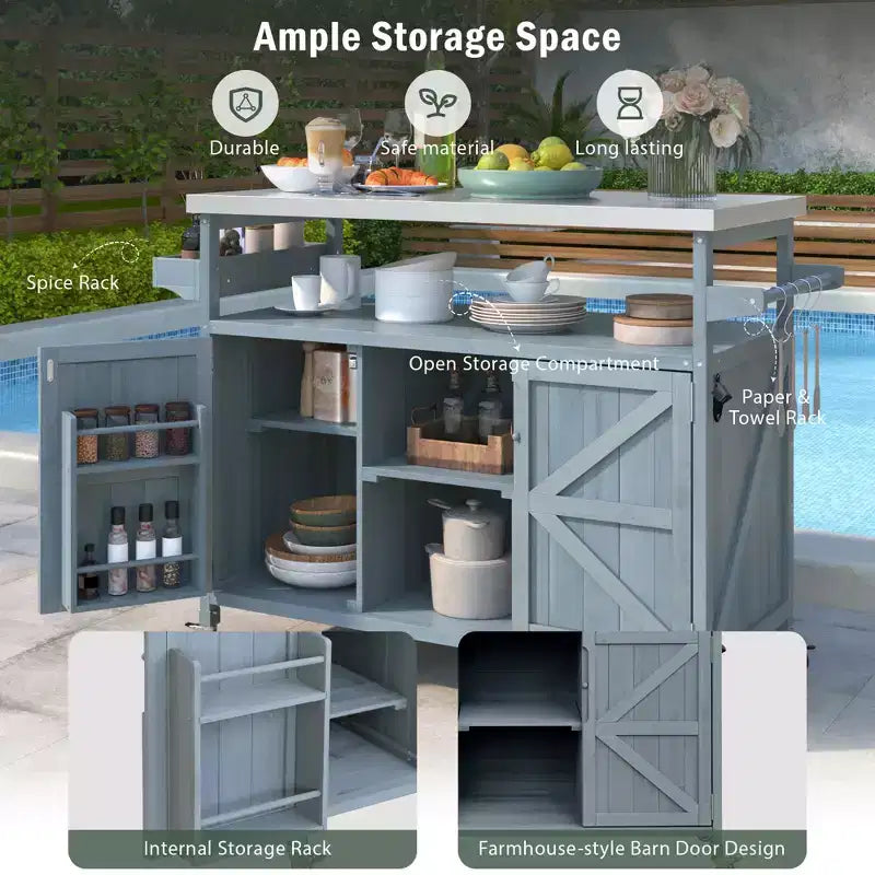 Marrone scuro/Blu grigio/Naturale Carrello bar e tavolo grill su ruote in stile rustico, 1 persona