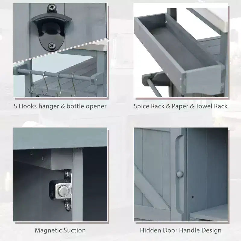Marrone scuro/Blu grigio/Naturale Carrello bar e tavolo grill su ruote in stile rustico, 1 persona