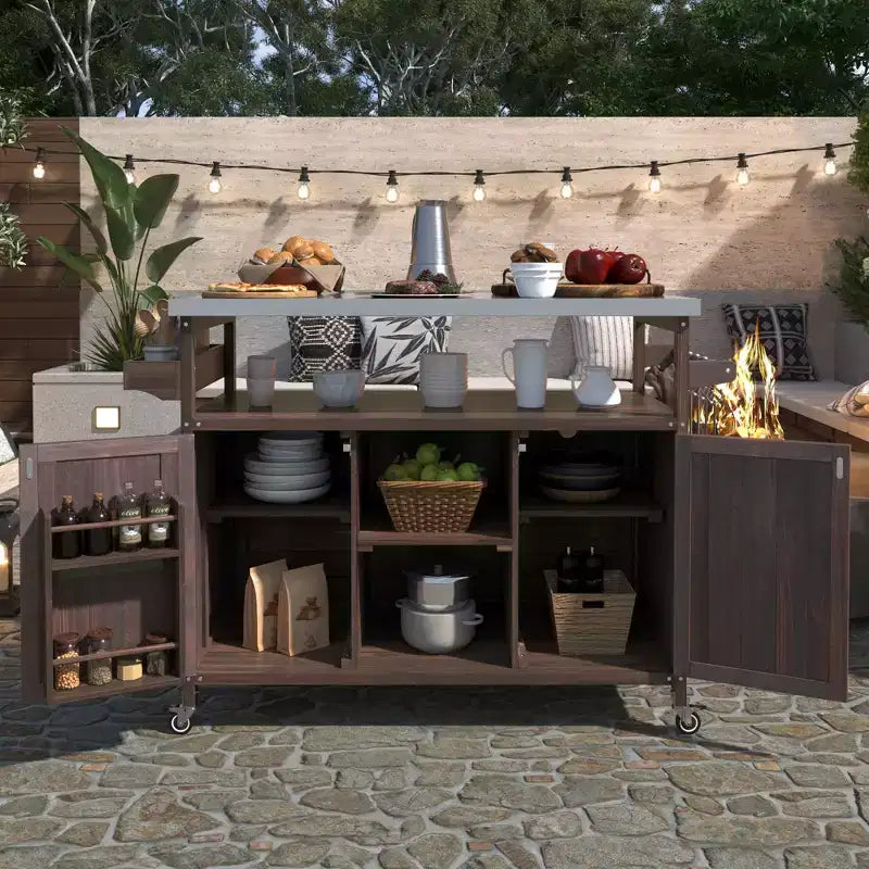 Marrone scuro/Blu grigio/Naturale Carrello bar e tavolo grill su ruote in stile rustico, 1 persona