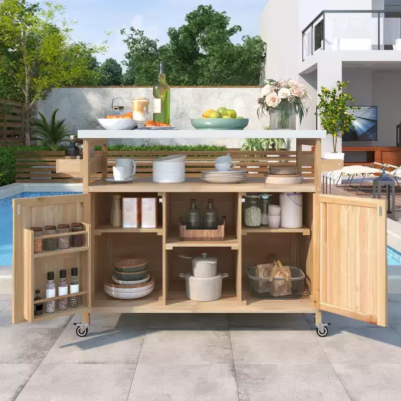 Marrone scuro/Blu grigio/Naturale Carrello bar e tavolo grill su ruote in stile rustico, 1 persona
