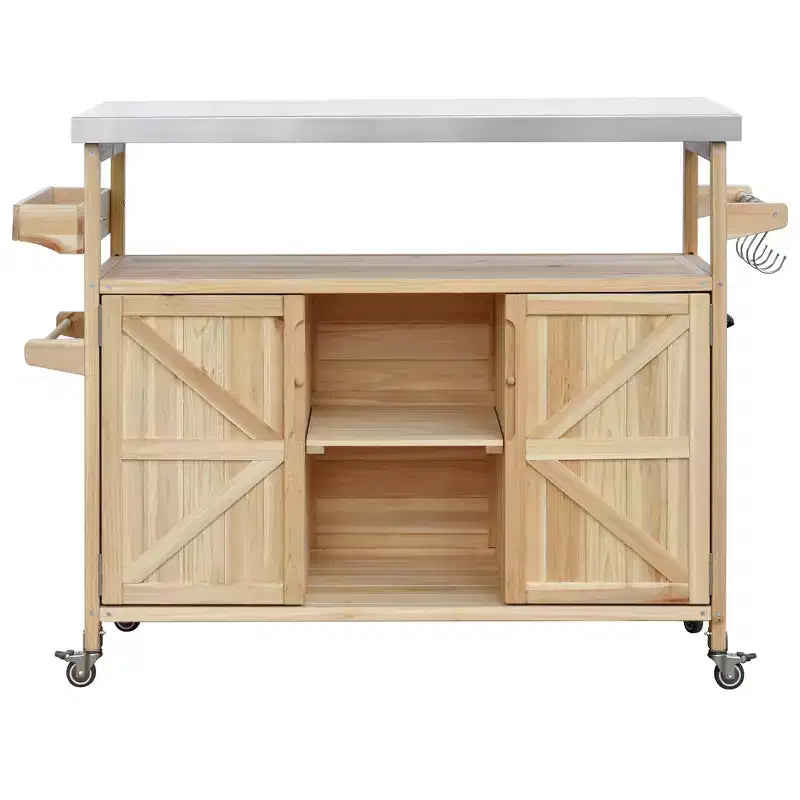 Marrone scuro/Blu grigio/Naturale Carrello bar e tavolo grill su ruote in stile rustico, 1 persona