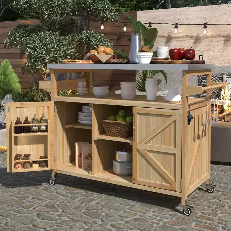 Marrone scuro/Blu grigio/Naturale Carrello bar e tavolo grill su ruote in stile rustico, 1 persona