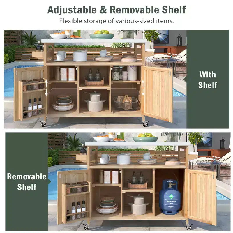 Marrone scuro/Blu grigio/Naturale Carrello bar e tavolo grill su ruote in stile rustico, 1 persona