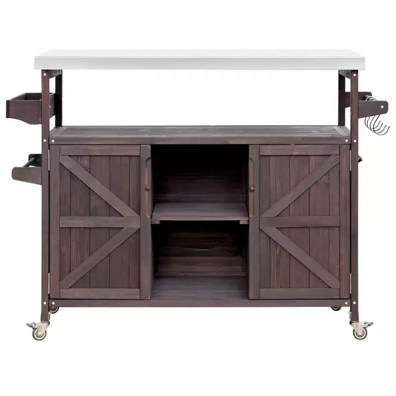 Marrone scuro/Blu grigio/Naturale Carrello bar e tavolo grill su ruote in stile rustico, 1 persona