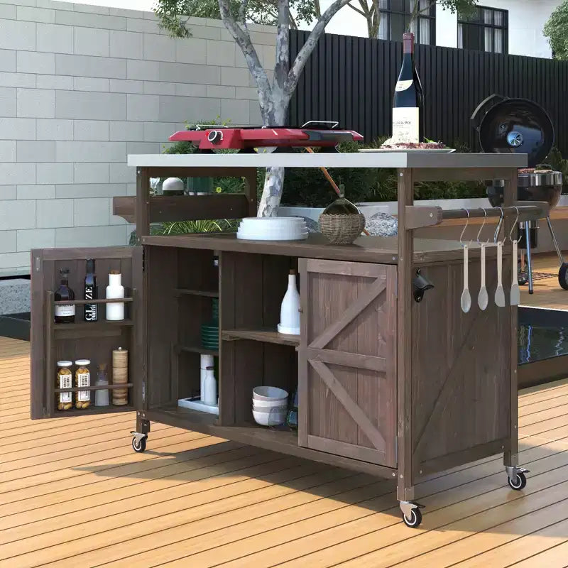 Marrone scuro/Blu grigio/Naturale Carrello bar e tavolo grill su ruote in stile rustico, 1 persona
