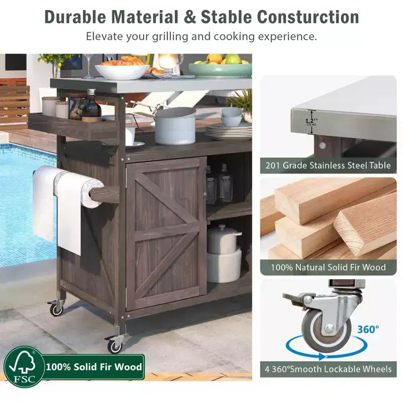 Marrone scuro/Blu grigio/Naturale Carrello bar e tavolo grill su ruote in stile rustico, 1 persona