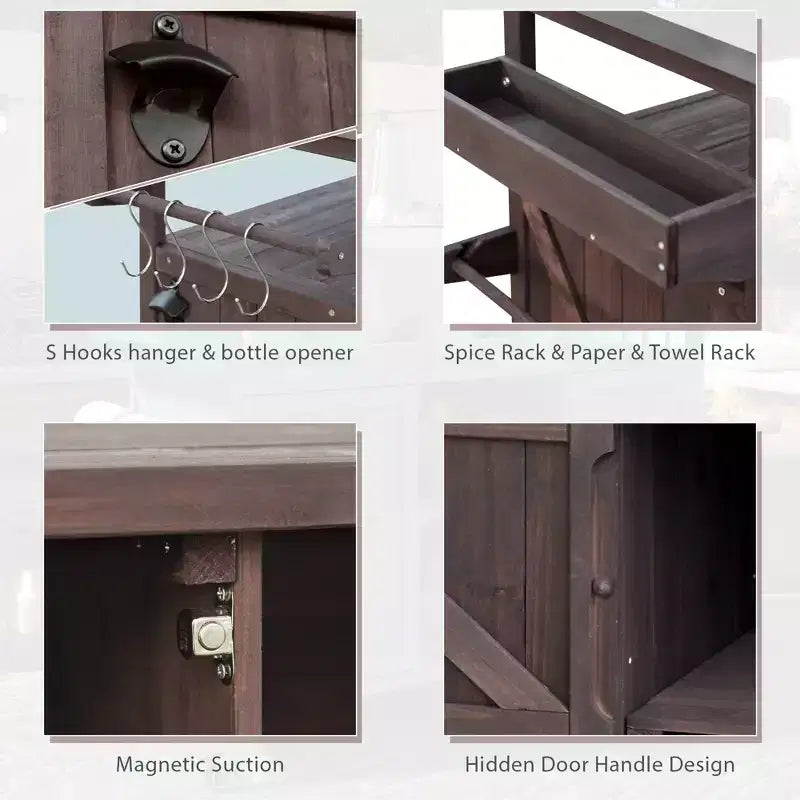 Marrone scuro/Blu grigio/Naturale Carrello bar e tavolo grill su ruote in stile rustico, 1 persona
