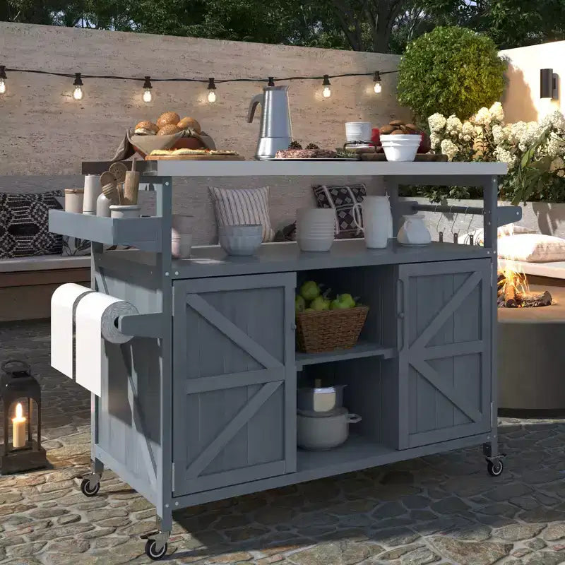 Marrone scuro/Blu grigio/Naturale Carrello bar e tavolo grill su ruote in stile rustico, 1 persona