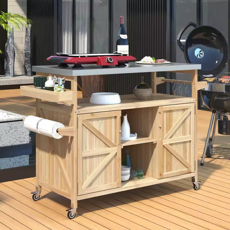 Marrone scuro/Blu grigio/Naturale Carrello bar e tavolo grill su ruote in stile rustico, 1 persona