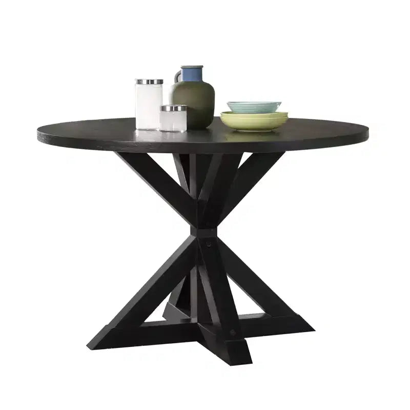 Tavolo da pranzo rotondo nero/marrone, base a gambe incrociate, 4 posti