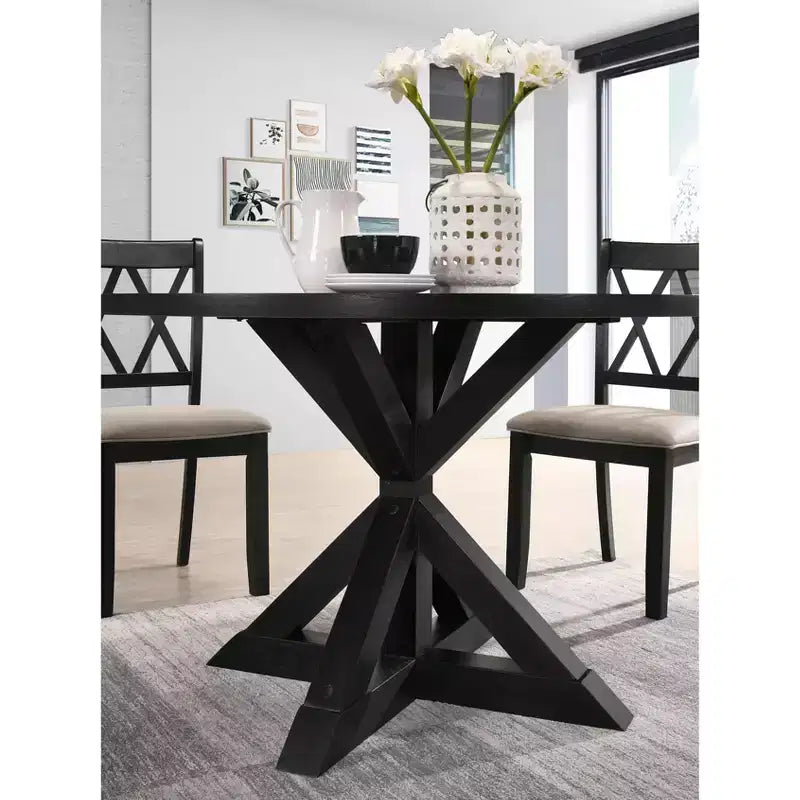 Tavolo da pranzo rotondo nero/marrone, base a gambe incrociate, 4 posti