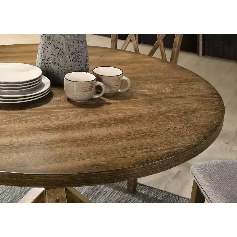 Tavolo da pranzo rotondo nero/marrone, base a gambe incrociate, 4 posti
