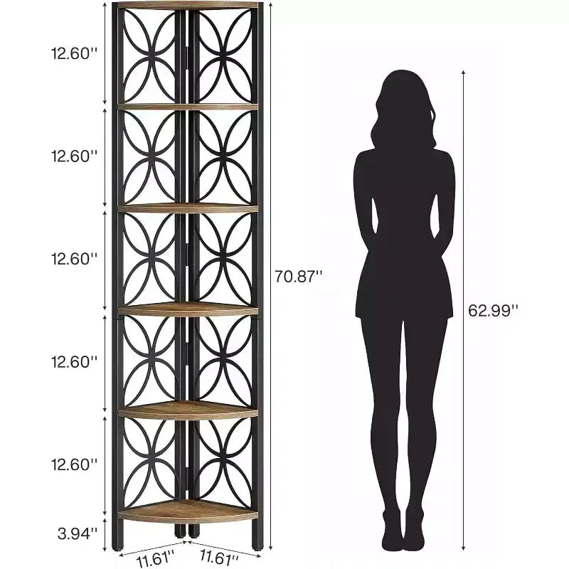 Scaffale angolare a 6 ripiani con struttura in metallo nero, singolo